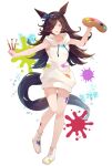  1girl animal_ears art_brush blush boots brown_hair collarbone full_body hair_over_one_eye holding holding_brush holding_palette hood hoodie horse_ears horse_girl horse_tail long_hair open_mouth paintbrush palette_(object) rice_shower_(umamusume) shakemi_(sake_mgmgmg) simple_background sleeveless smile solo tail umamusume white_background white_footwear white_hoodie 