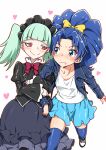  2girls biburi_(precure) black_dress blue_eyes blue_hair blue_jacket blue_legwear blue_skirt blush bow commentary_request dress fang green_hair hair_bow hair_ornament happy heart jacket kirakira_precure_a_la_mode leather leather_jacket long_hair looking_at_another multiple_girls ponytail precure red_eyes shirt shoes simple_background skirt smile tategami_aoi thighhighs thighs twintails white_background white_shirt yellow_bow yuri yuto_(dialique) 