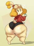 animal_crossing anthro big_breasts big_butt blonde_hair blush bottomwear breasts butt canid canine canis clothing domestic_dog female hair hi_res hoodie hotpants huge_butt isabelle_(animal_crossing) looking_at_viewer looking_back looking_back_at_viewer mammal mrxrickyx nintendo shih_tzu short_stack shorts side_boob simple_background solo thick_thighs topwear toy_dog video_games water_bottle wide_hips yellow_background yellow_body 