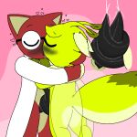 anthro arthropod bee black_penis blush bodily_fluids char_(hikiwi) clothing colored cum digital_drawing_(artwork) digital_media_(artwork) duo eyes_closed eyewear feral french_kissing genital_fluids genitals glasses green_body hand_behind_head hand_behind_neck hand_on_chest heart_symbol hi_res hikiwi hug hymenopteran insect insect_wings kissing lepidopteran long_penis male male/male mammal mane marsupial moth penis penis_wrap penisjob prehensile_penis red_body shirt simple_background tapering_penis topwear vombatiform wearing_glasses white_clothing white_shirt white_topwear wings wombat