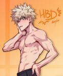  1boy abs alek_reyes bakugou_katsuki blonde_hair boku_no_hero_academia collarbone dated gradient gradient_background hand_on_own_face happy_birthday highres looking_at_viewer navel nipples orange_background red_eyes solo spiked_hair toned toned_male topless_male 