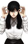  1girl bangs black_hair black_skirt collared_shirt commentary_request glasses grey_eyes hair_between_eyes highres hoshi_san_3 long_hair long_sleeves mole mole_under_eye mole_under_mouth original parted_lips pencil_skirt shirt simple_background skirt solo upper_body white_background wrist_cutting yamifuka-san_(hoshi_san_3) 