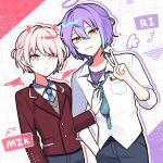  1boy 1other akiyama_mizuki androgynous angel_wings blue_hair collared_shirt demon demon_horns demon_wings fake_halo fake_horns fake_wings grey_pants halo horns kamishiro_rui multicolored_hair necktie pants pink_eyes pink_hair project_sekai purple_hair purple_shirt shirt short_hair v waka_(wk4444) white_shirt wings yellow_eyes 