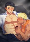  &gt;_o 2boys abs bar_censor bara bed black_legwear black_pants blonde_hair blush censored dark-skinned_male dark_skin erection haiki_(tegusu) handjob highres hood hood_down hoodie large_pectorals licking licking_nipple looking_at_another lying male_pubic_hair multiple_boys muscular muscular_male navel nipples on_back on_bed one_eye_closed open_clothes open_fly open_mouth open_pants open_shirt orange_hoodie original pants pectorals penis pubic_hair shirt short_hair sleeveless sleeveless_hoodie sweat tongue tongue_out undercut white_shirt 