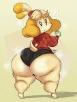  animal_crossing anthro big_breasts big_butt blonde_hair blush bodily_fluids bottomwear breasts butt canid canine canis clothing domestic_dog female hair hi_res hoodie hotpants huge_butt isabelle_(animal_crossing) looking_at_viewer looking_back looking_back_at_viewer mammal mrxrickyx nintendo shih_tzu short_stack shorts side_boob simple_background solo sweat sweaty_butt thick_thighs topwear toy_dog video_games water_bottle wide_hips yellow_background yellow_body 