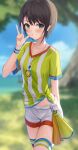  1girl bangs black_hair blue_eyes blurry blurry_background collarbone commentary_request cowboy_shot day depth_of_field eyebrows_visible_through_hair green_shirt hand_up highres hololive jersey looking_at_viewer megaphone oozora_subaru outdoors shirt short_hair short_shorts short_sleeves shorts shuvi_(shuvi1125) solo stopwatch stopwatch_around_neck striped striped_shirt sweatband thigh_strap tied_shirt vertical-striped_shirt vertical_stripes virtual_youtuber w watch whistle whistle_around_neck white_shorts 