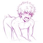  1boy alek_reyes anal bakugou_katsuki boku_no_hero_academia collarbone completely_nude disembodied_penis doggystyle eyebrows_visible_through_hair eyes_visible_through_hair male_focus monochrome nude one_eye_closed open_mouth penis red_eyes saliva sex spiked_hair spot_color teeth toned toned_male tongue yaoi 