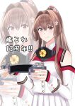 1girl anniversary brown_eyes brown_hair collar commentary_request detached_sleeves hair_intakes holding_headgear kantai_collection kikumon long_hair long_sleeves metal_collar pleated_skirt ponytail red_sailor_collar sailor_collar skirt smile solo takase_asagiri upper_body white_skirt yamato_(kancolle) yamato_kai_ni_(kancolle) 