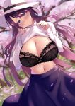  1girl absurdres bangs black_bra blue_eyes blush bra breasts cleavage closed_mouth clothes_lift hat highres large_breasts long_sleeves looking_at_viewer navel original outdoors petals purple_hair purple_skirt shirt shirt_lift skirt smile solo sweater underwear wee_(weeyy) white_headwear white_sweater 