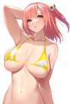  1girl absurdres azur_lane bangs bare_shoulders bikini blush breasts cleavage collarbone dead_or_alive highres honoka_(doa) honoka_(summer_angel_on_the_shore)_(doa) large_breasts looking_at_viewer navel one_side_up open_mouth pink_eyes pink_hair print_bikini rikiddo_(tise_00) short_hair solo swimsuit two-tone_bikini yellow_bikini 