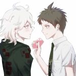  1boy 1girl ahoge bangs blush breast_pocket brown_eyes brown_hair card chenniiiii collared_shirt danganronpa_(series) danganronpa_2:_goodbye_despair eye_contact from_side green_jacket green_necktie heart highres hinata_hajime holding hood hood_down jacket komaeda_nagito long_sleeves looking_at_another monomi_(danganronpa) necktie pocket shirt short_hair short_sleeves simple_background upper_body white_background white_hair white_shirt 