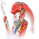  1girl bangs breasts brown_eyes closed_mouth colored_skin cropped_torso fins fish_girl grey_background highres holding holding_weapon jewelry long_hair looking_at_viewer mipha monster_girl multicolored_skin red_skin shito_neko_(zitonger) simple_background small_breasts the_legend_of_zelda the_legend_of_zelda:_breath_of_the_wild weapon zora 