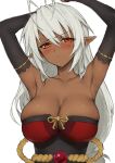  1girl antenna_hair armpits arms_up bare_shoulders breasts cleavage closed_mouth collarbone dark-skinned_female dark_skin hair_between_eyes haoni highres large_breasts looking_at_viewer orange_eyes pointy_ears sansei_muramasa simple_background solo soukou_akki_muramasa white_background 