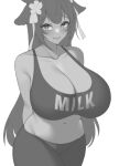  1girl animal_ears arknights arms_behind_back bangs bare_shoulders breasts cat_ears cleavage closed_mouth collarbone cowboy_shot eyebrows_visible_through_hair flower folinic_(arknights) greyscale hair_flower hair_ornament heart heart-shaped_pupils huge_breasts kuavera long_hair looking_at_viewer monochrome navel pants simple_background smile solo sports_bra symbol-shaped_pupils very_long_hair white_background yoga_pants 