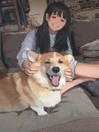  1girl animal black_hair brown_eyes cheek_pull dog grin indoors long_hair morifumi original sitting smile welsh_corgi yokozuwari 