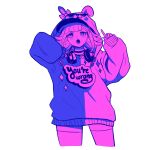  1girl :o alternate_costume bangs blush cosplay cowboy_shot danganronpa_(series) danganronpa_2:_goodbye_despair ear_bow english_text flipped_hair grey_background hair_ornament headphones highres hood hood_down hoodie long_sleeves medium_hair missarilicious monomi_(danganronpa) monomi_(danganronpa)_(cosplay) nanami_chiaki open_mouth simple_background thighhighs v-shaped_eyebrows zettai_ryouiki 