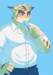 2025 5_fingers absurd_res anthro belt blue_bottomwear blue_clothing blush bottomwear brown_body brown_fur brown_stripes clothing collared_shirt countershade_arms countershade_face countershade_fur countershade_torso countershading dress_shirt eyebrows felid fingers food fur hand_on_hip hi_res male mammal morenatsu multicolored_body multicolored_fur pantherine pawpads pink_pawpads popsicle ry_o shirt signature solo stripes tan_body tan_countershading tan_fur thick_eyebrows tiger topwear torahiko_(morenatsu) white_clothing white_dress_shirt white_shirt white_topwear yellow_body yellow_fur