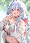  bangs blue_eyes breasts demon_girl elf highres jewelry large_breasts long_hair long_sleeves navel neck_ring non-human open_clothes original pointy_ears ribbon silver_hair smile solo tied_hair zhaofeng_yinyue 