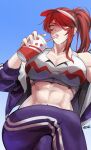  1girl abs bare_shoulders breasts cleavage crossed_legs cup drinking_straw feet_out_of_frame fuuma_kotarou_(tenkaichi) hair_over_one_eye hat highres holding holding_cup jacket large_breasts lips long_hair long_sleeves muscular muscular_female navel one_eye_covered open_clothes open_jacket open_mouth pants parted_lips ponytail red_hair signature simple_background single_sidelock sitting solo sports_bra stomach sunsirou sweat tenkaichi_nihon_saikyou_bugeisha_ketteisen track_jacket track_pants yellow_eyes 