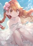  1girl aisaka_taiga bangs blue_sky braid brown_eyes brown_hair cloud commentary crossed_arms dress earrings elbow_gloves english_commentary eyebrows_behind_hair flower gloves hair_flower hair_ornament highres jewelry light_blush long_hair parororo pink_flower pink_rose pout rose sitting sky solo toradora! wedding_dress white_dress white_gloves 