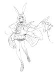  1girl :o amiya_(arknights) animal_ears ankleband arknights ascot eyebrows_visible_through_hair full_body greyscale hair_between_eyes highres ichibi jacket jewelry long_hair looking_at_viewer monochrome open_clothes open_jacket pleated_skirt rabbit_ears ring shirt shoes simple_background skirt solo thigh_strap white_background 
