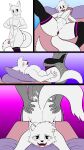 absurd_res anthro balls bed blush bodily_fluids boy_kisser_(meme) clothing comic cum duo ejaculation erection eyes_closed faceless_character faceless_male felid feline femboy furniture genital_fluids genitals hi_res human legwear male male/male mammal meme motion_lines penis pillow rorrek silly_cat_(mauzymice) spread_legs spreading stockings sweat