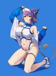  1girl :d animal_ears arknights arm_up bangs bare_legs bare_shoulders bikini black_gloves blue_background blue_jacket breasts cameltoe covered_nipples cow_ears cow_girl cow_horns ett eyebrows_visible_through_hair female_pubic_hair fingerless_gloves full_body gloves grin hand_on_headwear horns jacket kneeling large_breasts long_sleeves looking_at_viewer navel official_alternate_costume open_clothes open_jacket parted_lips ponytail pubic_hair purple_hair sandals short_hair short_ponytail sideroca_(arknights) sideroca_(light_breeze)_(arknights) simple_background skindentation smile solo stomach swimsuit thigh_strap visor_cap white_bikini white_footwear white_headwear yellow_eyes 