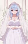  1girl absurdres ahoge bangs blue_hair blush breasts cleavage collarbone dress eyebrows_visible_through_hair ganyu_(genshin_impact) genshin_impact highres horns long_hair looking_at_viewer medium_breasts multicolored_eyes own_hands_together purple_eyes puto_(put_to_) smile solo standing veil wedding_dress white_dress 