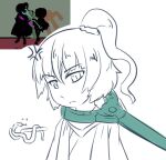  1other adagumo_no_yaorochi anger_vein annoyed closed_mouth commentary_request double-parted_bangs frown hair_between_eyes hair_ornament hair_scrunchie head_tilt high_side_ponytail holding holding_toy japanese_clothes jinbaori kimono len'en lineart long_hair long_sleeves looking_at_viewer other_focus reference_inset scarf scrunchie simple_background snake solo toy upper_body wavy_hair white_background yuejiao_tuan 