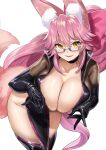  1girl animal_ear_fluff animal_ears bangs black_bodysuit blush bodysuit bow breasts center_opening choker cleavage fate/grand_order fate_(series) fox_ears fox_girl fox_tail glasses hair_between_eyes hair_bow hip_vent koyanskaya_(fate) large_breasts long_hair looking_at_viewer muunyan_(yumenekoya) pink_bow pink_hair ponytail revision sidelocks smile solo tail tamamo_(fate) thighs white_background yellow_eyes 