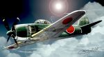  1boy aircraft artist_name cloud cloudy_sky flying imperial_japanese_navy lens_flare matsuda_juukou military n1k original propeller roundel sky solo 