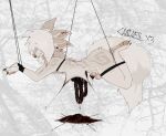 alternative_fashion anthro august_(canines_x3) balls blood bodily_fluids canid canine canines_x3 emo exposed_organs femboy genital_mutilation genital_torture genitals gore hair hair_over_eyes hi_res male mammal mutilation penis piercing pubes restraints solo suspension thick_thighs