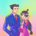  1boy 1girl :d ace_attorney bead_necklace beads black_hair blazer blue_eyes blunt_ends collared_shirt colorful_background gradient_background hair_bobbles hair_ornament hair_slicked_back hair_tie half_updo hand_in_pocket hanten_(clothes) height_difference highres jacket japanese_clothes jewelry kimono lapel_pin long_hair looking_at_viewer low-tied_long_hair magatama magatama_necklace maya_fey necklace necktie open_mouth pants parted_lips patterned_background phoenix_wright pointing sharp911 shirt smile suit teeth upper_body upper_teeth_only wispy_bangs 
