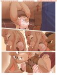 anthro bear blue_eyes brown_body brown_outfit cafe crouching diaper duo embarrassed exposed_diaper female inside lagomorph leporid lifted lifting mammal paddedulf rabbit red_outfit