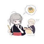  1boy 1girl ? ?? ahoge bangs blonde_hair blush braid danganronpa_(series) danganronpa_2:_goodbye_despair eating eyebrows_visible_through_hair food gamhwa grey_background grey_hair hair_ribbon highres holding kuzuryuu_fuyuhiko long_hair looking_back obi pekoyama_peko red_eyes ribbon sash short_hair simple_background table thong upper_body white_ribbon 