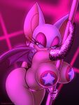  absurd_res anthro between_breasts big_breasts breasts chiropteran dancing ear_piercing ear_ring eyelashes female hi_res looking_back mammal omegasunburst pasties piercing pole pole_dancing rouge_the_bat sega solo sonic_the_hedgehog_(series) stripper_pole 