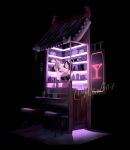  1girl absurdres architecture arm_strap arm_up bar_(place) bare_shoulders bartender black_dress black_hair breasts champagne_flute china_dress chinese_clothes cup dress drinking_glass east_asian_architecture glasses hand_up highres holding_cocktail_shaker large_breasts long_hair looking_at_viewer miaw907 motion_lines neon_sign original simple_background solo standing stool twitter_username yellow_eyes 