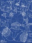  1girl blue_theme blueprint_(medium) braid breasts cecilia_immergreen commentary completely_nude doll doll_joints english_commentary english_text grid_background hair_between_eyes half-closed_eye highres hololive hololive_english joints looking_at_viewer medium_hair multiple_expressions multiple_views nkonya nude one_eye_closed open_mouth side_braid single_braid sitting small_breasts smile spread_legs twitter_username 