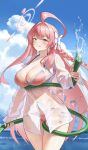  1girl absurdres ahoge ajaz_(artist) bikini bikini_under_clothes blue_archive bow breasts cleavage halo hanako_(blue_archive) hanako_(swimsuit)_(blue_archive) highres holding holding_hose hose huge_ahoge large_breasts licking_lips long_hair looking_at_viewer official_alternate_costume oversized_clothes oversized_shirt partially_unbuttoned pink_bikini pink_hair pink_halo see-through_clothes see-through_shirt shirt spraying swimsuit tongue tongue_out wet wet_clothes wet_shirt white_bow 