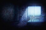  1girl absurdres barefoot blood blood_drawing blood_on_wall brown_hair chaos;child closed_curtains curtains dark_room dim_lighting facing_down from_behind game_cg hair_ribbon highres hospital hospital_gown hugging_own_legs long_hair looking_down moonlight nape night official_art one_side_up ribbon sasaki_mutsumi side_ponytail solo sumo_sticker_(chaos;child) white_ribbon yamazoe_uki 