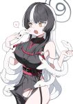  1girl absurdres azami_(blue_archive) bare_shoulders bell belt_around_waist black_hair blue_archive breasts cheek_pull grey_halo halo heart highres large_breasts looking_at_animal mochini mole mole_on_cheek multicolored_hair rope simple_background snake_hair solo split-color_hair spoken_heart sweat thighhighs torn_clothes white_background white_hair yellow_eyes 