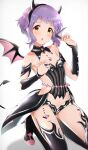  absurdres bangs blush boots breasts claw_pose commentary_request demon_horns demon_tail demon_wings detached_collar detached_sleeves gem highres homco horns idolmaster idolmaster_million_live! kneeling looking_at_viewer makabe_mizuki open_mouth purple_hair short_hair sidelocks small_breasts solo tail thigh_boots thighhighs thighs wavy_hair white_background wings 