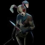 2025 3d_(artwork) black_background black_eyes black_nose blender_(artwork) blood blood_on_knife blood_on_weapon blue_ribbon bodily_fluids breasts brown_arms brown_ears brown_head clothing costume creepy digital_media_(artwork) eyelashes female five_nights_at_freddy&#039;s grey_arms grey_ears grey_head grey_legs holding_object holding_weapon human knife lagomorph leporid looking_at_viewer luccabitn_(artist) mammal open_mouth patch_(fabric) pink_ears rabbit rabbit_ears raised_weapon red_sclera scottgames simple_background solo standing teeth thick_thighs vanny_(fnaf) weapon whiskers