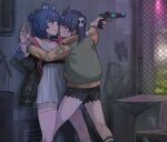  2girls against_wall alien_print alley animal_ears antenna_hair arms_up bandage_on_cheek bandage_on_face bandages bear_ears bear_girl belt black_belt black_choker black_coat black_shorts black_socks blue_hair blunt_bangs blunt_ends blunt_sidelocks borrowed_character box breasts brown_eyes buckle cardboard_box catfight chain-link_fence chest_belt choker cleavage closed_mouth coat collarbone collared_coat collared_jacket commentary confrontation curled_fingers dress earrings english_commentary eye_contact eyebrows_hidden_by_hair face-to-face feet_out_of_frame fence finger_on_trigger fingernails from_behind from_side frown furrowed_brow grabbing_another&#039;s_arm graffiti green_jacket green_trim grimace gris_(vertigris) gun hair_between_eyes hair_ornament half-closed_eyes half_updo handgun hands_up highres holding holding_another&#039;s_wrist holding_gun holding_weapon jacket jewelry ji-yoon_(jourd4n) jourd4n kneehighs knees leaning_back leaning_forward leaning_on_person leg_between_thighs legs_apart letterman_jacket light_blush long_sleeves looking_at_another medium_hair multicolored_jacket multiple_girls narrowed_eyes open_clothes open_coat open_hand original outdoors outstretched_arm parted_hair parted_lips patch pink_coat pink_eyes pinned pocket ponytail profile restrained see-through_clothes see-through_skirt see-through_sleeves short_dress short_hair short_ponytail short_shorts shorts shoulder_patch sidelocks sideways_mouth single_off_shoulder skirt skull_hair_ornament sleeveless sleeveless_dress small_breasts snap-fit_buckle socks standing sweatdrop teeth thighs torn_clothes torn_shorts twintails two-sided_coat two-sided_fabric two-tone_jacket underbust v-shaped_eyebrows weapon white_dress white_socks wide_sleeves yellow_jacket yellow_sleeves yellow_trim yuri 