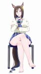  1girl absurdres air_groove_(umamusume) animal_ears barefoot blue_eyes bow bowtie breasts brown_hair collared_shirt ear_bow ear_chain gyaru hair_between_eyes highres holding_juice_box horse_ears horse_girl horse_tail kogal large_breasts linked_piercing looking_at_viewer loose_bowtie osage_gankyou piercing plaid_clothes plaid_skirt pleated_skirt school_uniform shirt short_hair simple_background sitting skirt solo tail umamusume white_shirt 