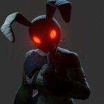 2025 3d_(artwork) alpha_channel black_ears black_nose blender_(artwork) blue_ribbon breasts brown_arms brown_ears brown_head clothing colored costume creepy digital_media_(artwork) english_description eyelashes female five_nights_at_freddy&#039;s glowing glowing_eyes grey_arms grey_ears human lagomorph luccabitn_(artist) mammal patch_(fabric) rabbit_ears raised_arm red_sclera scottgames shush solo vanny_(fnaf) whiskers