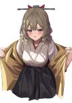  1girl absurdres black_hakama blue_eyes blush drill_locks eyebrows_visible_through_hair furisode hair_between_eyes hakama hatakaze_(kancolle) highres japanese_clothes kantai_collection kimono kokenashi light_brown_hair long_sleeves looking_at_viewer meiji_schoolgirl_uniform open_mouth short_hair simple_background solo white_background white_kimono wide_sleeves 