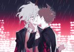  2boys ahoge bangs black_background black_jacket black_necktie blood blood_on_clothes brown_hair collared_shirt danganronpa_(series) danganronpa_2:_goodbye_despair grey_hair hair_between_eyes hand_up highres hinata_hajime imminent_kiss jacket komaeda_nagito komo-me_(yinmu) long_sleeves male_focus medium_hair multiple_boys necktie outdoors pink_background pink_blood rain shiny shiny_hair shirt short_hair upper_body white_shirt yaoi 