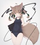  1girl ahoge animal_ear_fluff animal_ears bare_arms bare_shoulders black_swimsuit blush brown_eyes brown_hair closed_mouth collarbone commentary_request covered_navel drawing_tablet fang fang_out fox_ears fox_girl fox_tail green_hair grey_background heart_ahoge holding holding_stylus looking_at_viewer multicolored_hair old_school_swimsuit one-piece_swimsuit original risu_(ritharte) school_swimsuit simple_background solo stylus swimsuit tail twintails two-tone_hair 
