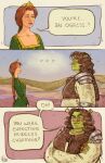 2024 3_panel_comic 5_fingers absurd_res armor artist_logo asking asking_another blue_eyes blue_sky braided_hair breasts brown_clothing brown_eyes brown_gloves brown_hair brown_handwear brown_topwear brown_vest cleavage clothed clothed_female clothed_human clothed_humanoid clothing cloud collarbone colored colored_nails comic crossed_arms crossgender crown day dialogue digital_media_(artwork) dreamworks dress duo ellipsis english_description english_text eye_contact eyebrows eyelashes female female/female female_human fingernails fingers forest freckled_face freckles gloves green_clothing green_dress green_fingernails green_hair_tie green_nails hair handwear headgear hi_res hillside human humanoid larger_female larger_humanoid leaf leaf_in_hair light lighting lips logo long_hair looking_at_another mammal messy_hair mouth_closed mtf_crossgender nails name_drop name_in_dialogue not_furry ogre outside pauldron plant princess princess_fiona ravangie red_eyebrows red_hair red_lips river royalty shaded shirt shrek_(character) shrek_(series) size_difference sky smaller_female smaller_human speech_bubble standing talking_to_another tan_body tan_skin text tiara topwear tree vest wavy_hair worried_look yelling yellow_clothing yellow_shirt yellow_topwear